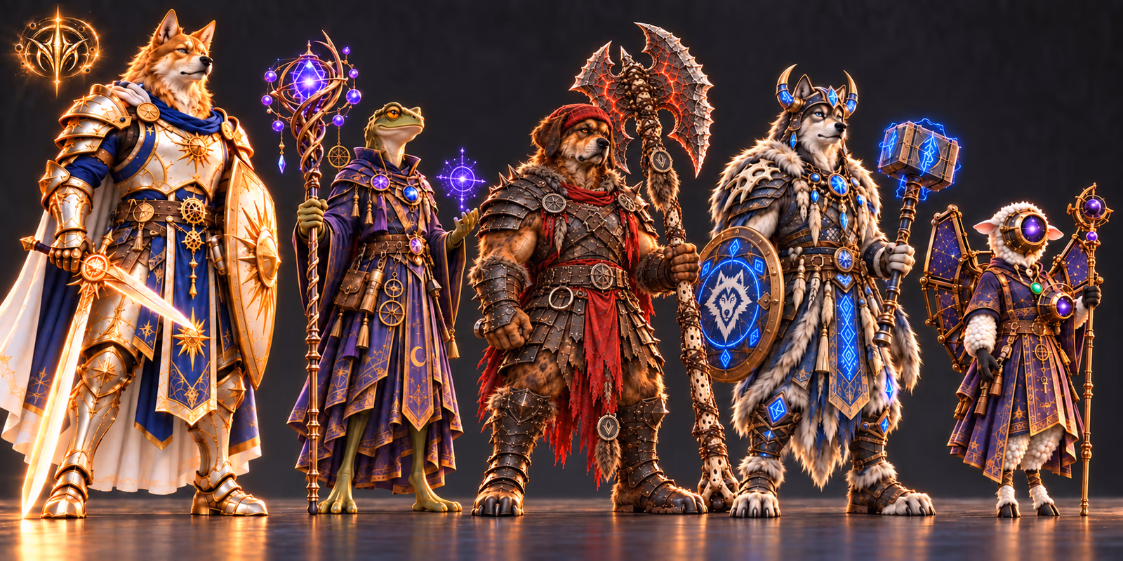 The five Ledgerborn together: Aurex, Mireglyph, Brimcap, Stormrune, and Sheeple.